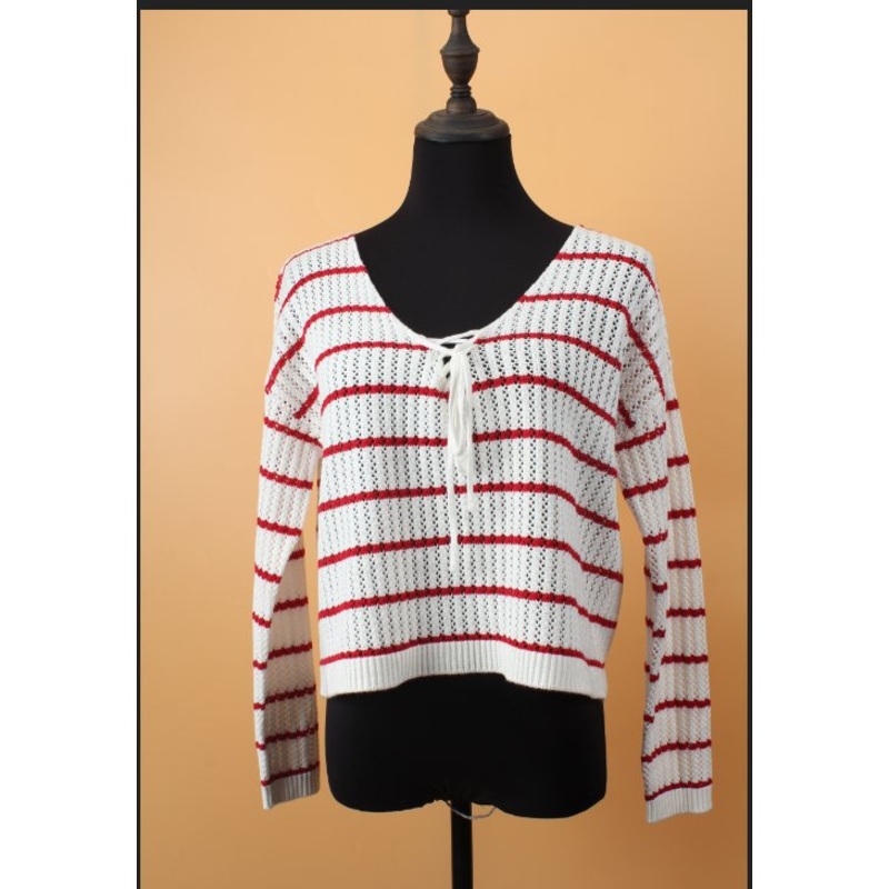 Factroy Custom Knit Hollow Stripe Long Sleeve Fashion Women S Sweater Top Belt in Front of Neck Pullover – Sweater Jumper and Basic Sweater Fancy Sweater price|S