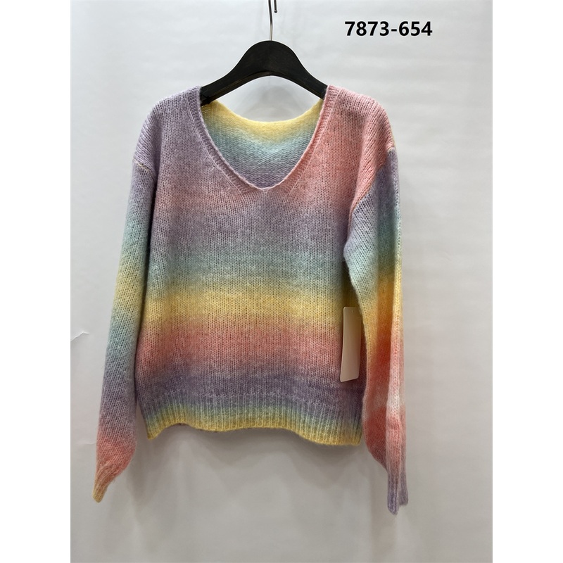 Fashion Autumn Casual Pullover Plus Size Elegant Rainbow Color Ladies V Neck Knitted Sweater – Knitted Pullovers and Sweater price|S