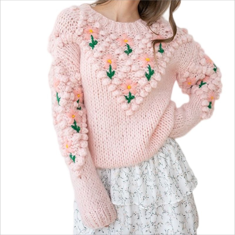Hand Embroidered Flowers Sweaters Women Loose Short Lady Style Women Pullovers Knit Women Cardigan – Customized Factory Sweaters and Hand Embroidered Cardigans price|S, S/M/L/Customized Size