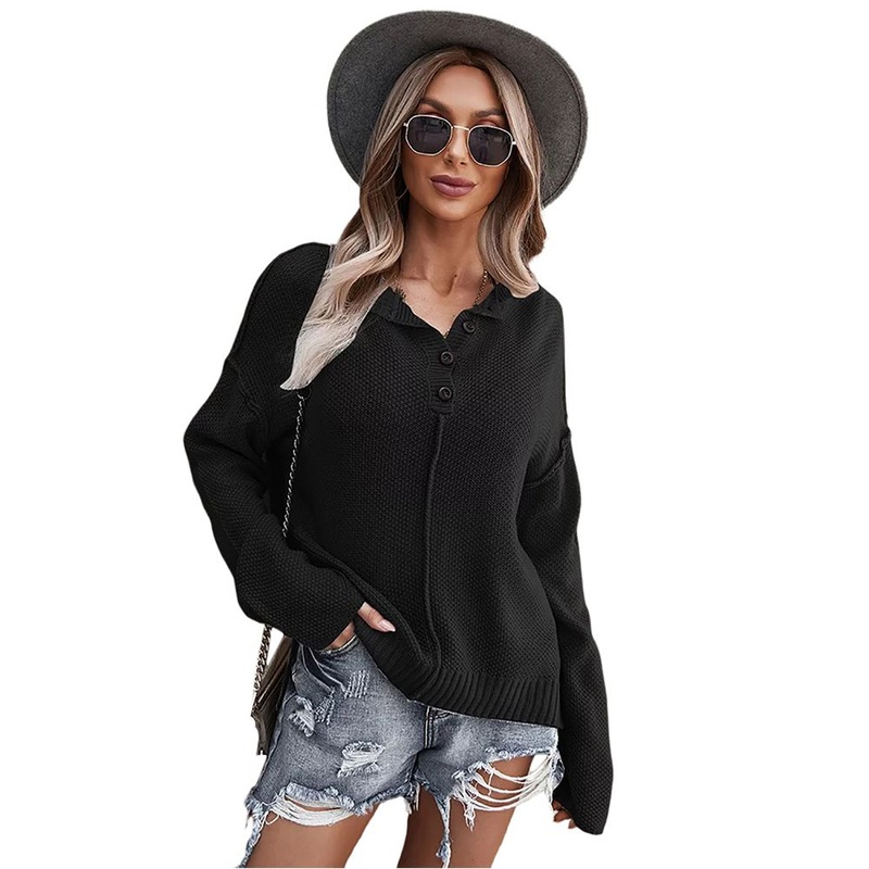 High Quality Ladies Plain Loose Fit Black Trendy Knitted Polo Sweater for Women – Women Sweater and Knit Sweater price|S, S, M, L, XL