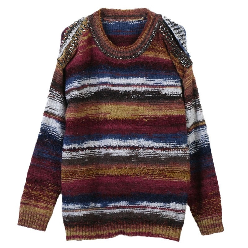 Open Shoulder Rhinestones Decoration Vintage Loose Knit Winter Women Pullover Sweater – Ladies Jumper and Pullover Sweater price|S