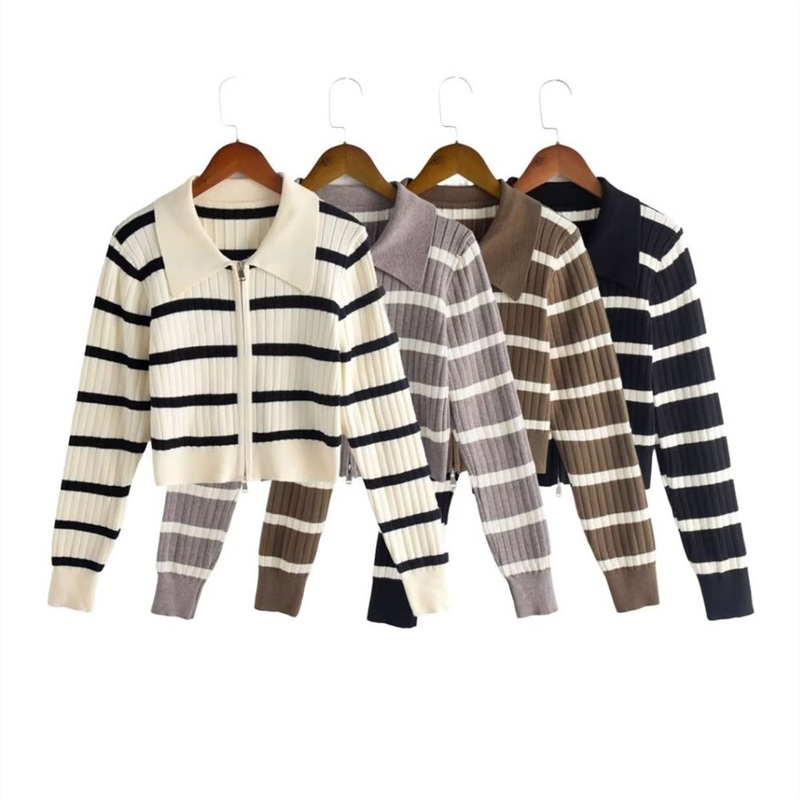 Pb&Za Womens Clothing Wholesale Early Autumn Letter Lapel Striped Sweater – Designer Sweater and Sweaters for Women price|S, One Size Fits All