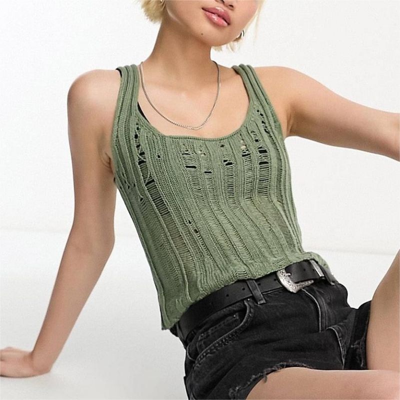 Summer Knitwear Hole Breaking Camisole Solid Color Jersey Thin Knit Womens Tank Top – Women Sweater and Summer Knitwear Tank Top price|S, S/M/L/Customized Size