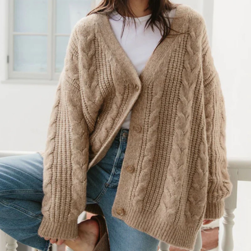 Women Classical Cable Wool Cardigan Sweater Long Sleeve Knitted Clothing – Sweater and Cardigan Knitwear price|S