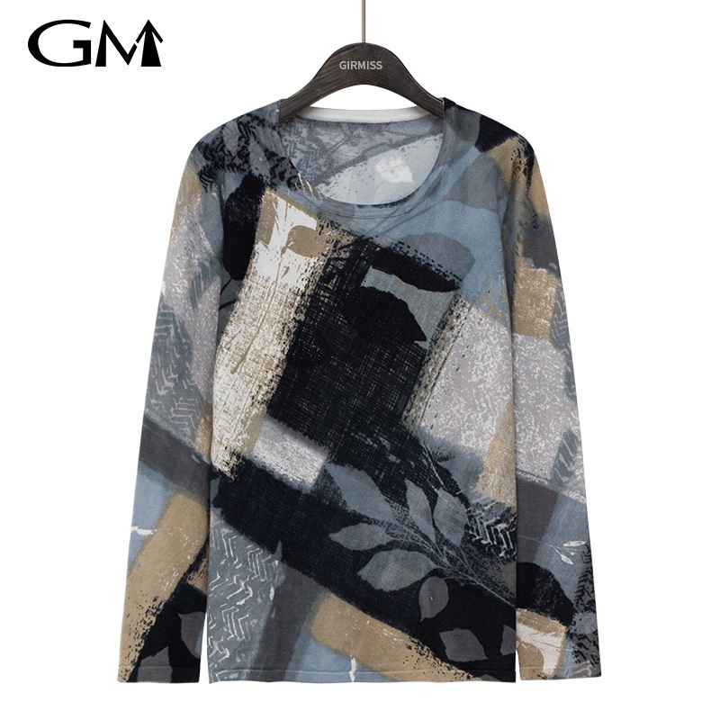 Womens New Large Leaf Printed Knitted Top – Fashionable Large Womens Clothing and Crew Neck Knit price|L