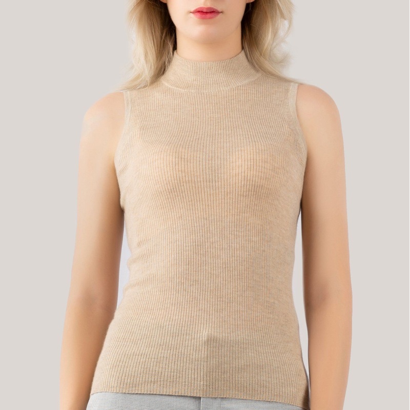 Beige Cashmere Mock Neck Ribbed Tank Top – Cashmere Vest and Women Vest price|M