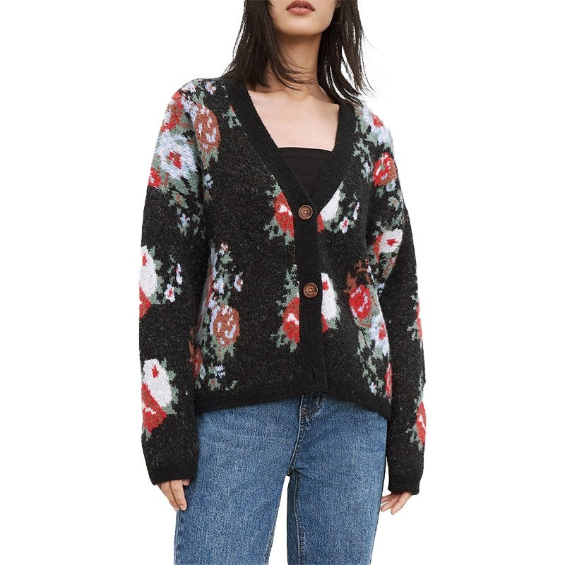 Custom Dark Colors Flower Pattern Jacquard Women Knitwear Single-Breasted Short Cardigan Women Loose Long Sleeve Women Jacket – Ladies Sweater and Striped Sweater price|S, S/M/L/Customized Size