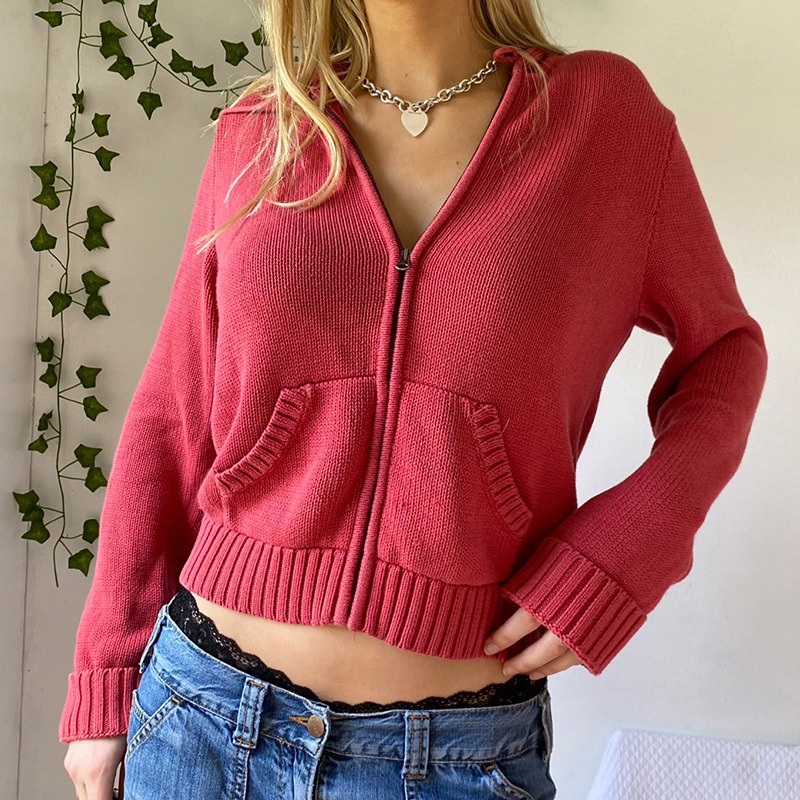 Hooded Zipper Knitwear Sweaters Pocket Solid Color Thin Knit Jacket Short Crop Top Hoodie Women Cardigan Sweater – Cardigan Sweater and Woman Sweaters price|S