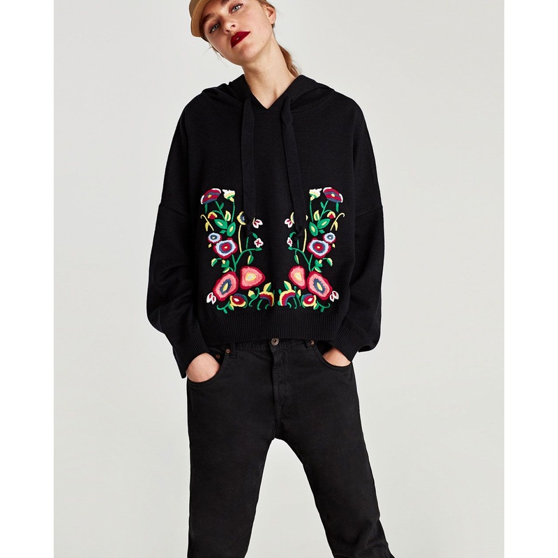Ladies Fashion Black Hooded Pullover Sweater with embroidery – Sweater and Ladies Sweater price|S