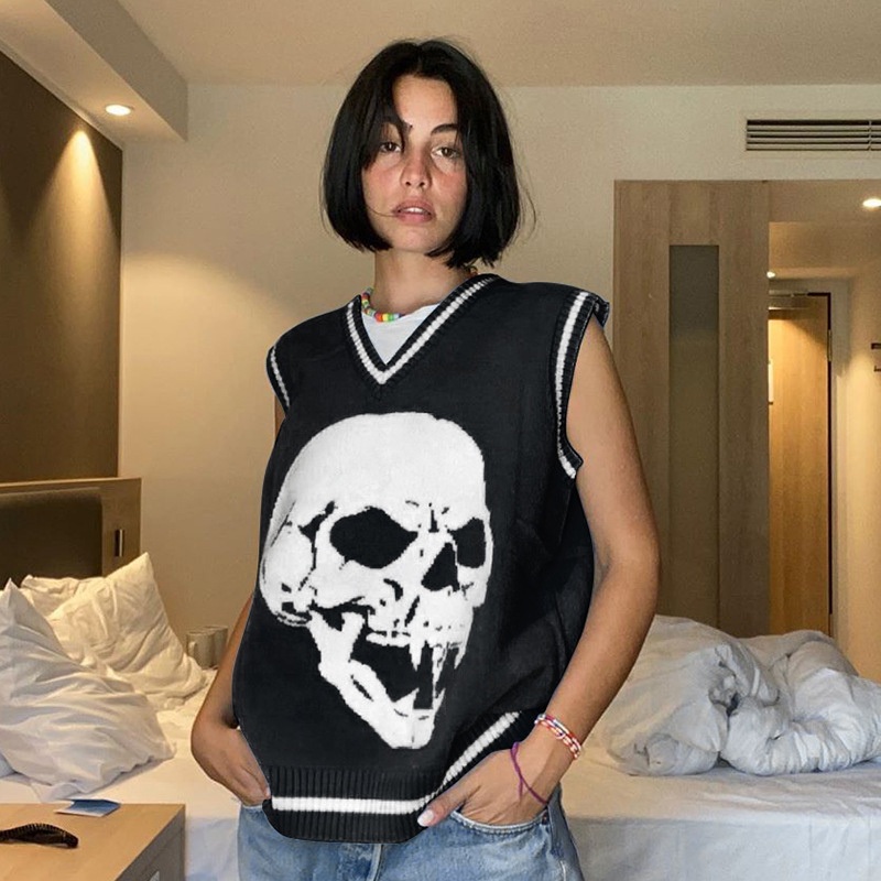 Skull Print V Neck Loose Casual Sweater Vest Women Fashion Oversized Women Vest Sweater – Women Clothes and Clothing price|S