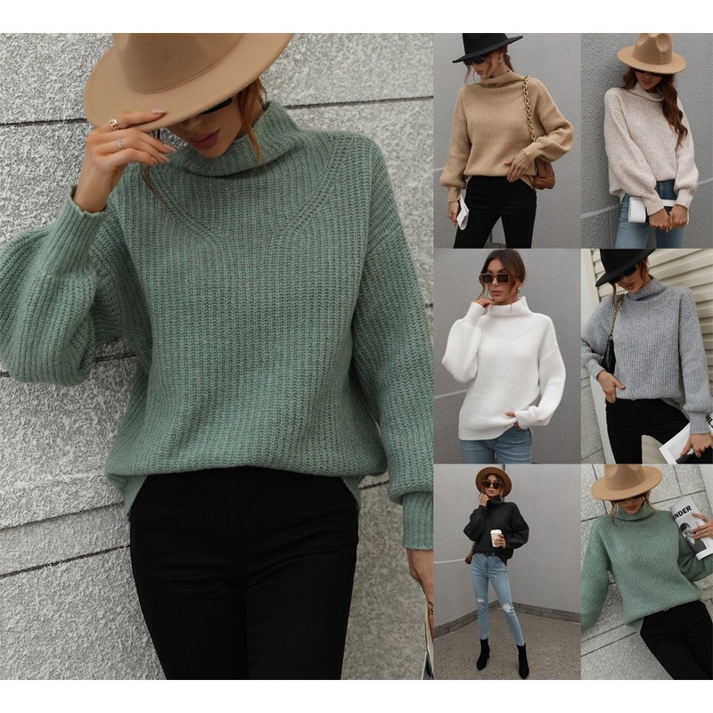 Solid Color High Neck Loose Women Clothing Lady Winter Warn Balloon Sleeve Solid Color Turtleneck fashion Casual Sweater – Woman Sweaters and High Neck Sweater price|S