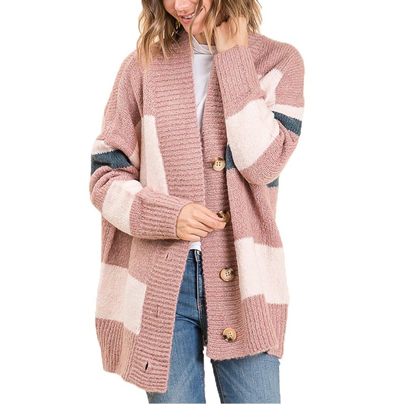 Stylish Pink Womens Striped Print Casual Knitted Cardigan – Striped Print Cardigan and Womens Cardigan price|S, S, M, L, XL, XXL