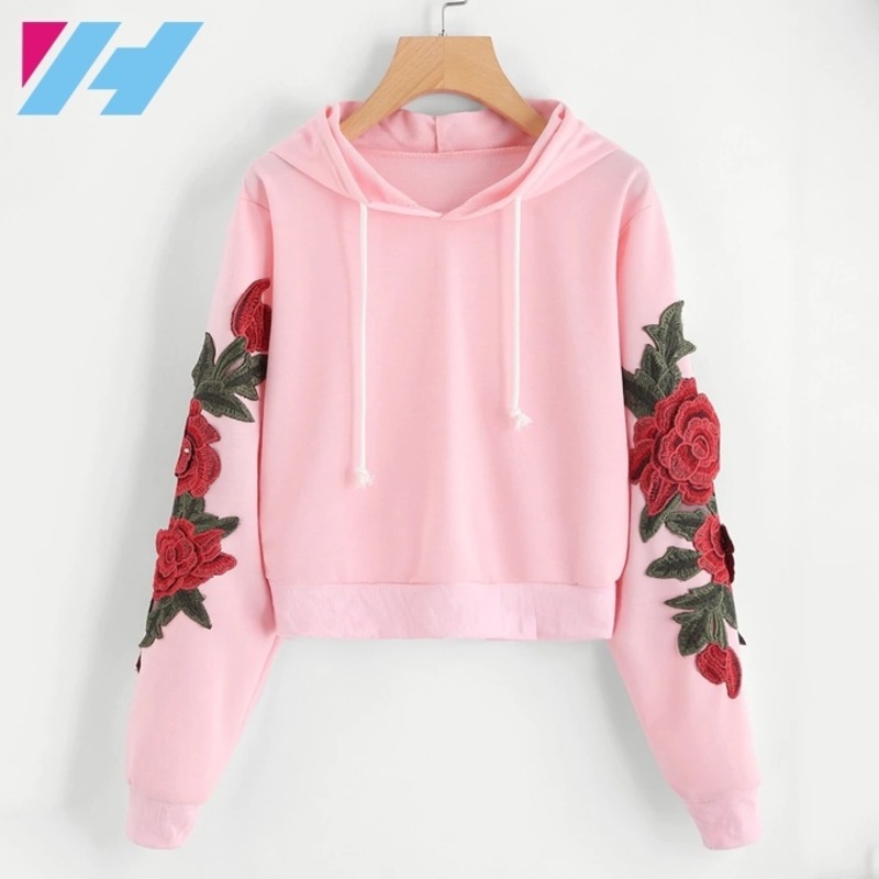 Wholesale Cotton Cropped Top Custom Sleeve Embroidery Flower Drastring Women Hoodie – Custom Hoodie and Pullover Hoodie price|S