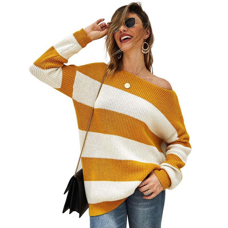 Autumn off Shoulder Striped Print Long Sleeve Knitted Tops Women Pullover Sweaters – Autumn Winter Sweater and Fashion Sweater price|S, S, M, L, XL