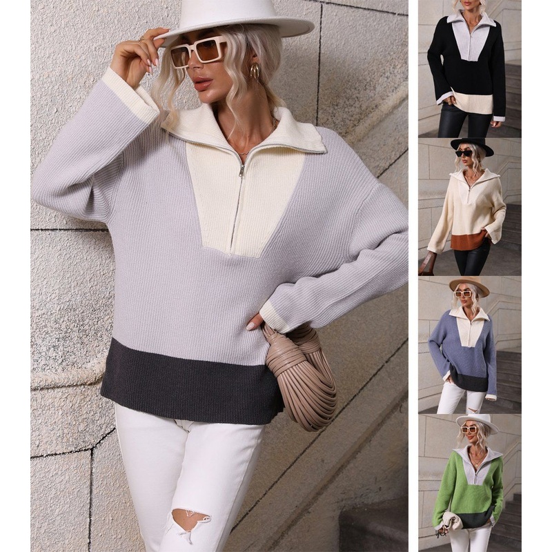 Color Clocking Knitted Winter Clothing Fashion Wholesale Casual Knit Women Zipper Sweater – Woman Sweaters and Zipper Sweater price|S
