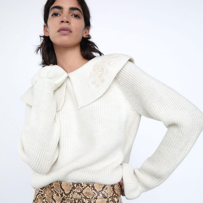Crop Top Knitted Fall Sweaters Women Collar Winter Embroidered Womens Fashion Sweater – Women Clothes and Clothing price|S
