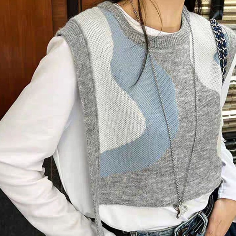 Fashion Designer Intarsia Patterned Sweater Vest Sleeveless Knitted Pullover with Belt – Women Clothing and Knitwear price|S