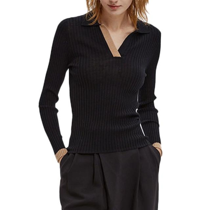 Simplicity Splicing Color V-Neck Knitted Top Lapel Collar Slim Fit – Ladies Sweater and Striped Sweater price|S, S/M/L/Customized Size