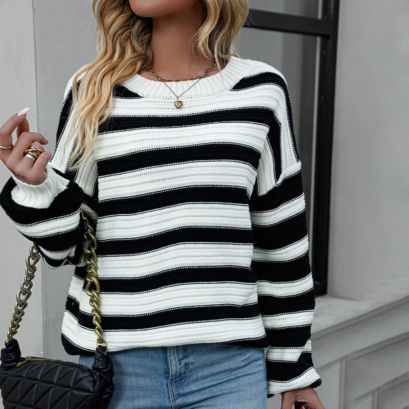 Womens 2023 Fall Winter Crew Neck Knitted Long Sleeve Striped Color Block Loose Pullover Tops Sweater – Sweater and Stripe Top price|S, Customized Size Accepted