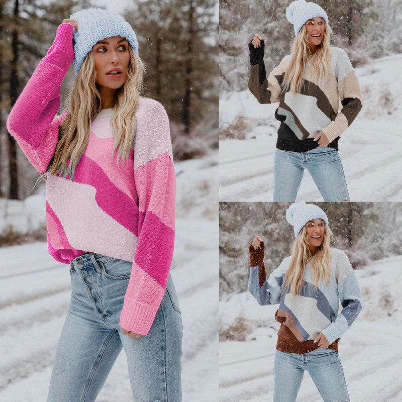 Womens Round Neck Multi-Color Splicing Knitwear Womens Pullover Sweater – Sweater and Womens Sweater price|S-2XL