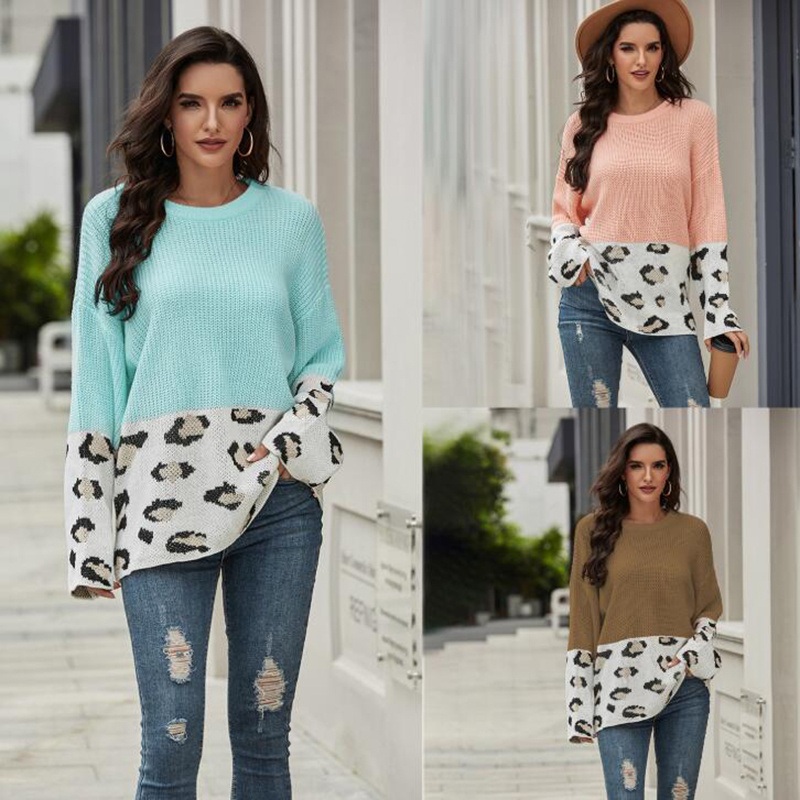 Autumn Women Leopard Print Patchwork Pullover Loose Round Neck Knit Sweater – Autumn Winter Women Sweater and Fashion Sweater price|S, S, M, L, XL