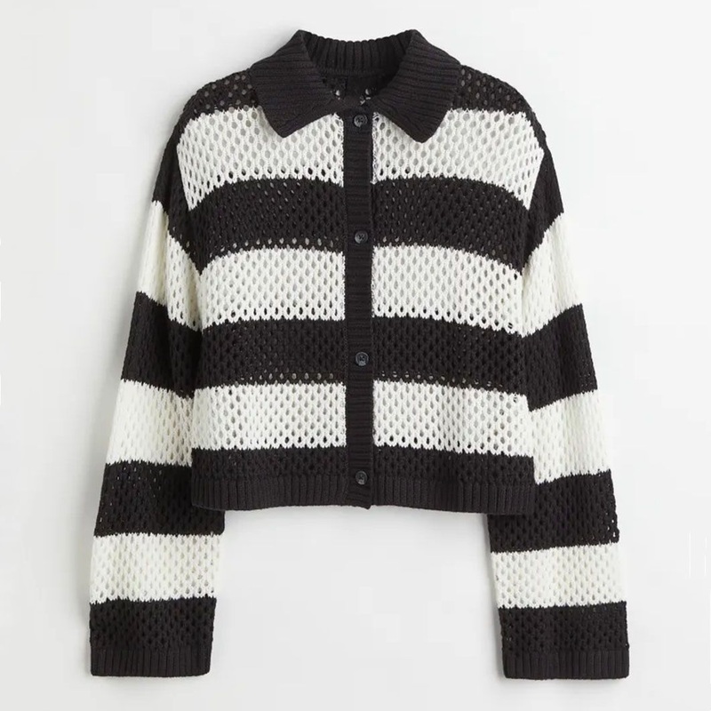 Black&White Striped Knit Pointelle Pattern Cardigan Sweater Women Clothing – Cardigan Sweater and Women Knitwear price|S
