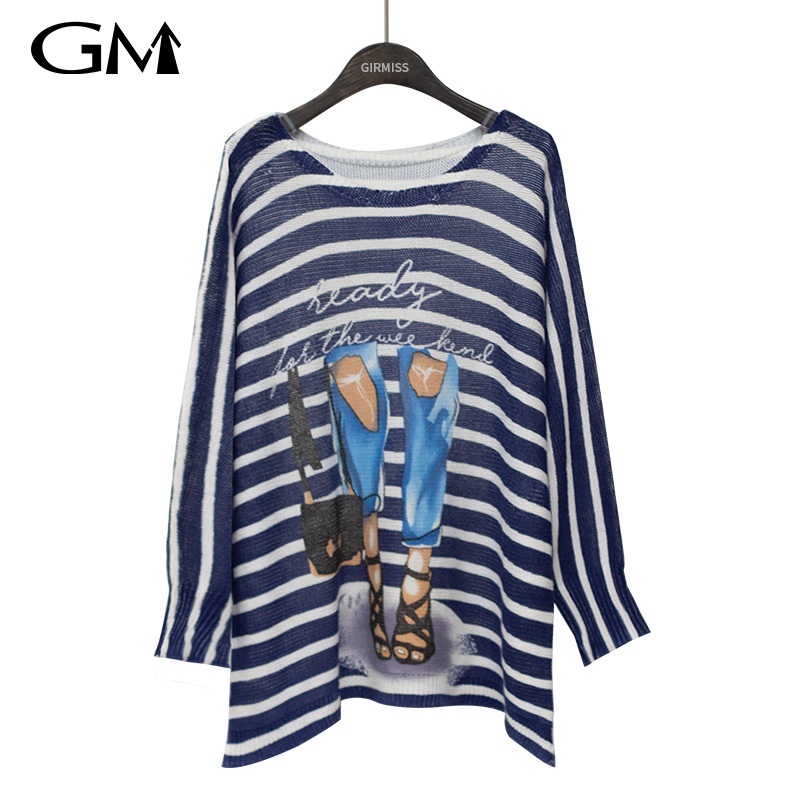 Blue Stripe Cartoon Printing Knitted Top – Top and Knit price|S
