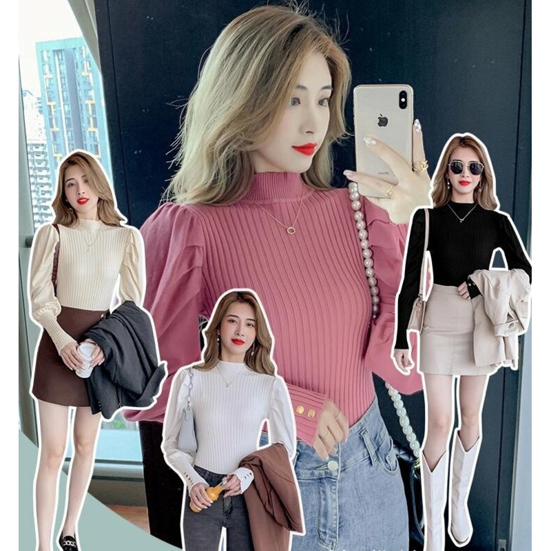 Fashion Pullover Solid Color Lantern Sleeve Bottoming Sweater – Sweaters for Women and Womens Sweaters price|S