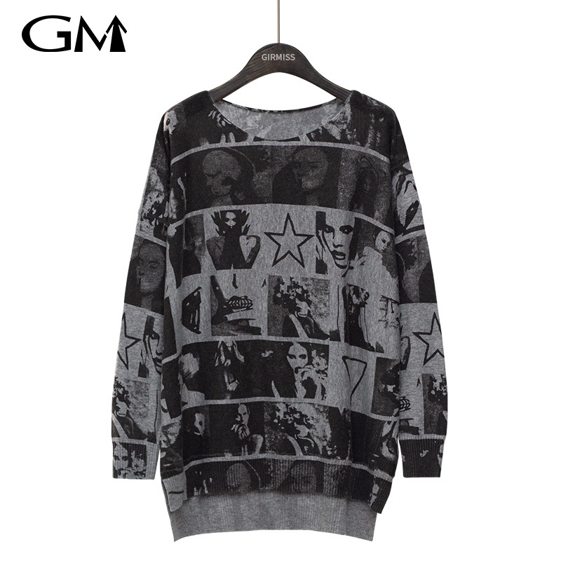 Fashion Vintage Printing Knitted Top – Round Neck Knit Loose Top and Top price