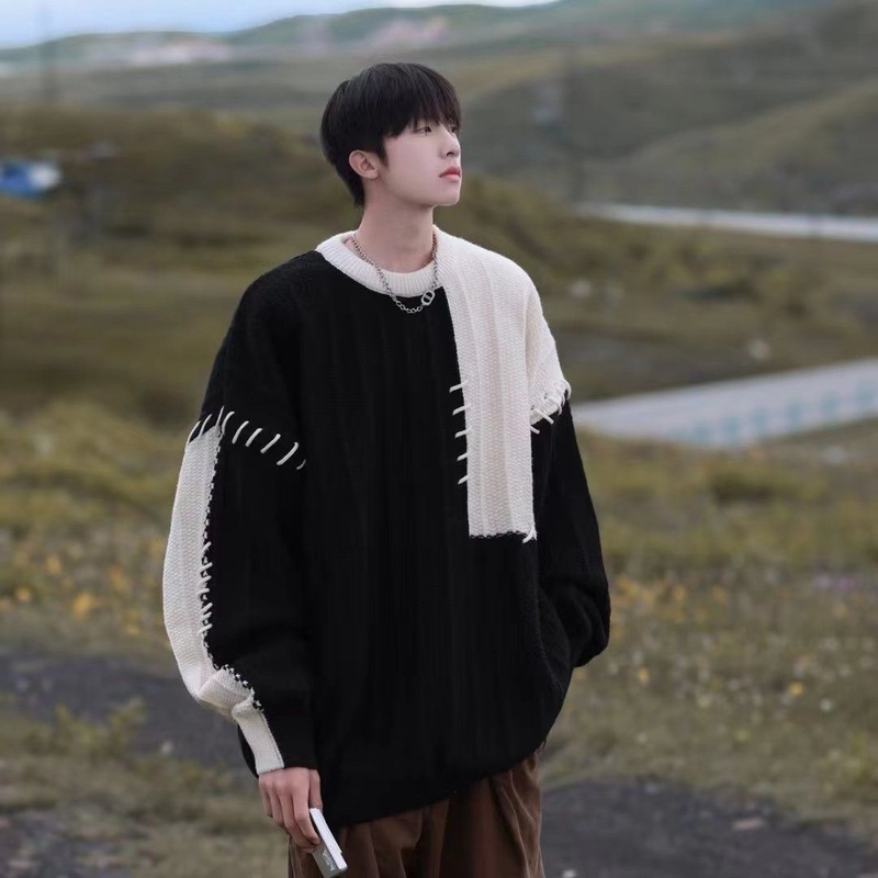 Men Sweater Loose Pullover Fashion Design Splice Sweater Round Neck – Men Sweater and Men Splice Sweater price|S, All Size