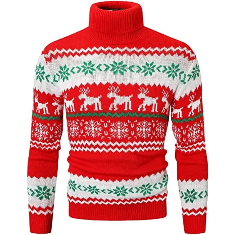 Mens Ugly Christmas Turtle Neck Slim Fit Knitted Pullover Sweater Reindeer Snowflake Jumper – Christmas Pullover and Turtle Neck Pullover price|S