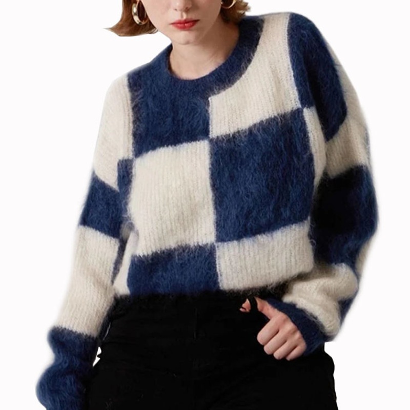 OEM Custom Mohair Sweater Retro Checkerboard Contrast Color Knitwear Women Sweater Pullover – Mohair Sweater and Mohair Knitwear price|S, Customized