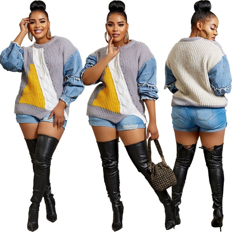 Women Fashionable Tops with Jeans Patchwork Trendy Pullover Knitted Sweater – Sweater and Suit price|S M L XL XXL