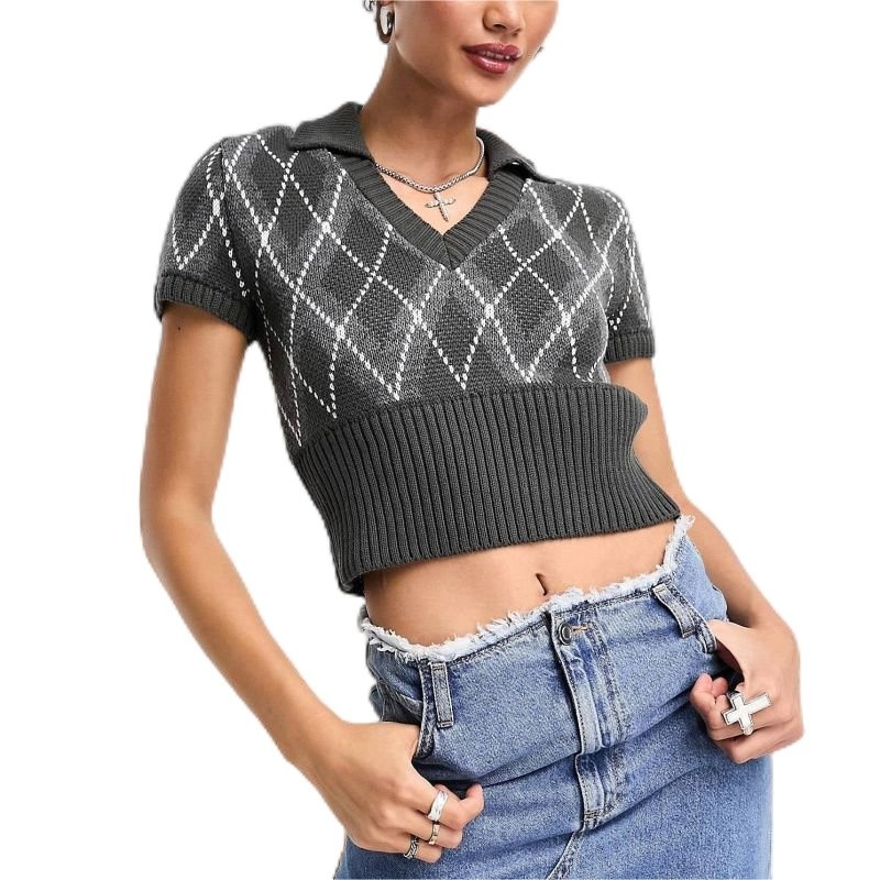 Womens Y2K Knit Short-Sleeve Clothing Diamond-Checked Jacquard V-Neck Tops Ladies Pullover Knitwear – Customized Factory Sweaters and Y2K Knit Tops price|S, S/M/L/Customized Size