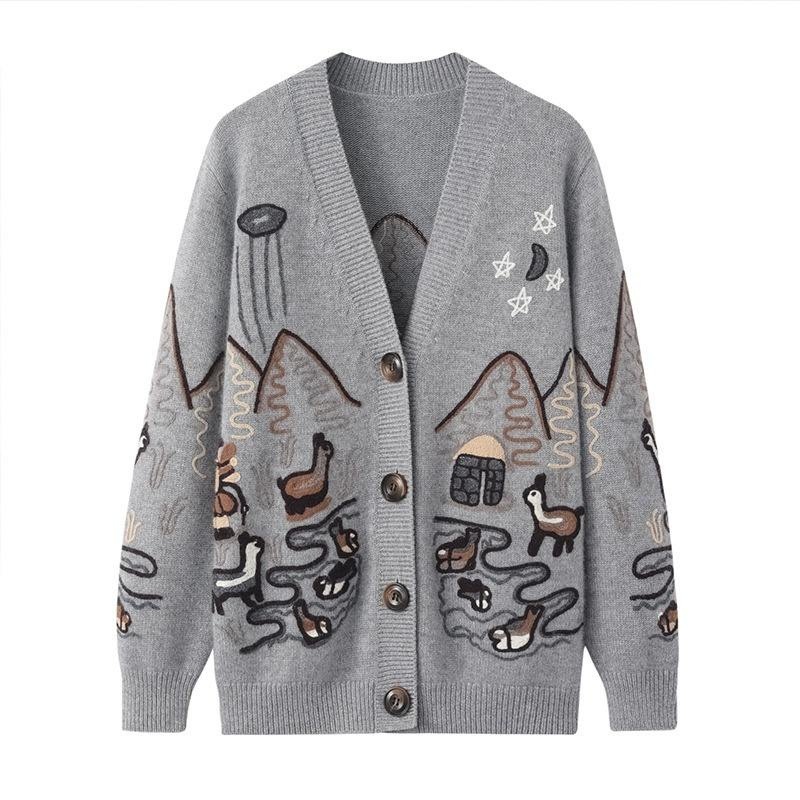 2022 Luxury Cashmere Womens Long Sleeve Single Breasted Knitting Loose V Neck Winter Cardigans Sweater – Long Sleeve Cardigan and V Neck Sweater price|S, Customized
