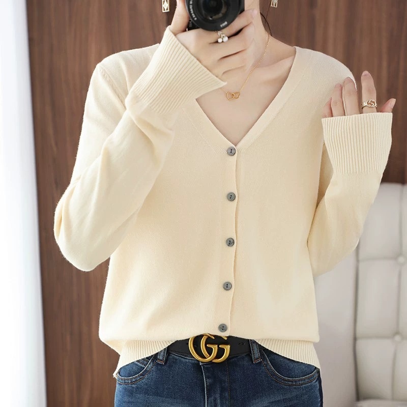 Autumn and Winter V-Neck Knitted Cardigan Womens Solid Color Long Sleeve Loose Casual Sweater – Hoodies and Sweater price|S