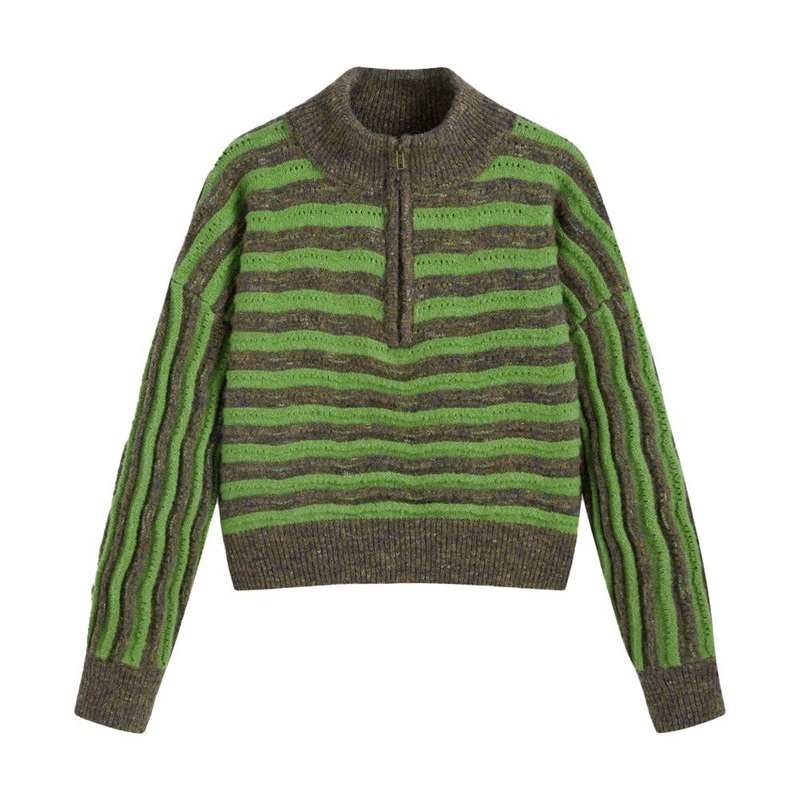 Factory Wholesale Winter Zip Top Jacquard Pulloverwomens Casual Striped Sweater – Women Sweater and Ladies Sweater Pattern price|S/M/L/Customized Size