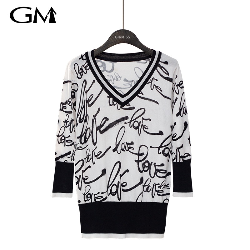 Fashion Printed V-Neck Knitted Middle Sleeve Top – V-Neck Knitted Top and Womens Letter Printing Knitted Top price|S