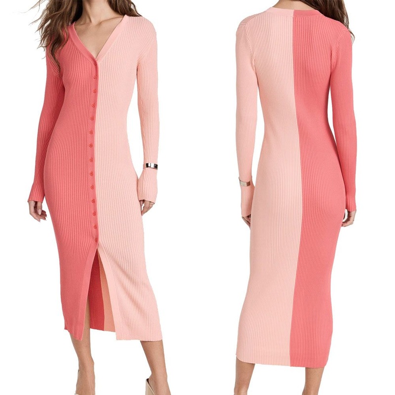 Knitwear Custom Knit Summer Dresses Sweater Button Down Long Cardigan Rib Knit Dress Color Block Women Sweater Dress – Knitwear and Designed Dress price|S