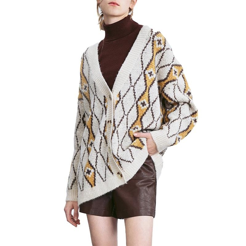 Ladies Classic Long Sleeve Coat Women Knitwear Diamond Check Jacquard Cardigan Women V-Neck Jacket Single-Button Women Sweater – Ladies Sweater and Striped Sweater price|S, S/M/L/Customized Size