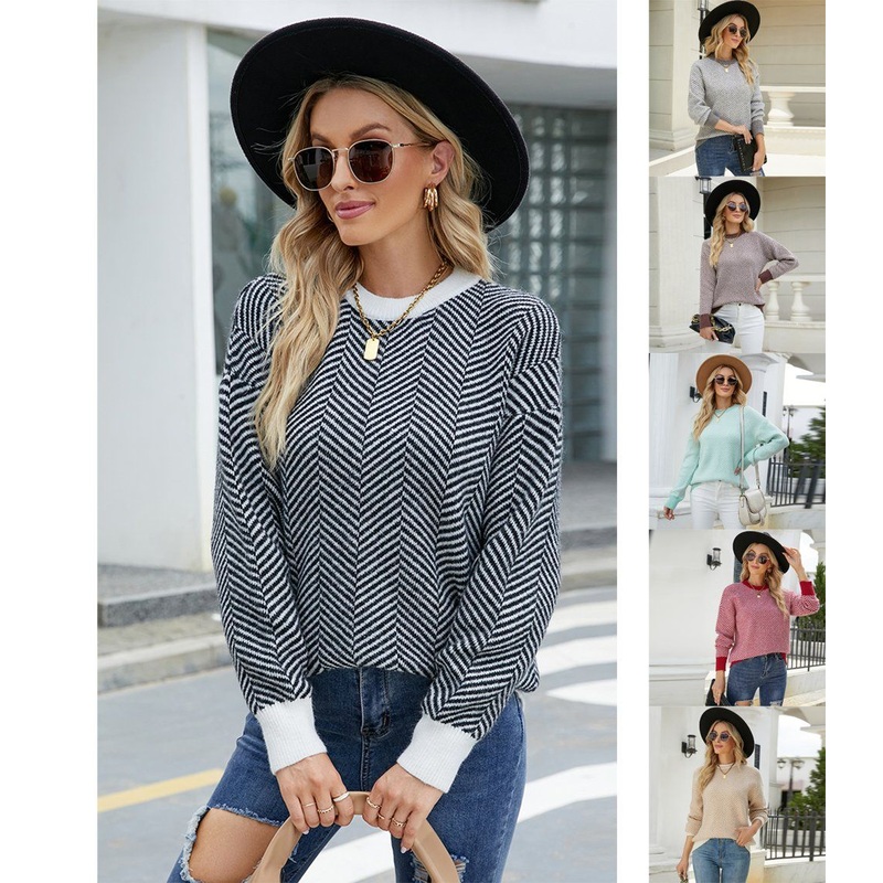 Long Sleeved Crew Neck Knitted Ladies Clothing Loose Color Stitching Striped Fashion Sweater for Women – Woman Sweaters and Striped Sweater price|S