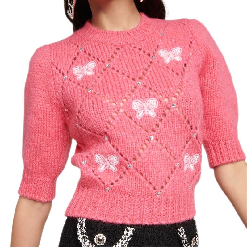 Short Sleeve Knitwear Round Neck Hollow Women Pullovers Embroidery Women Sweater – Ladies Sweater and Striped Sweater price|S, S/M/L/Customized Size