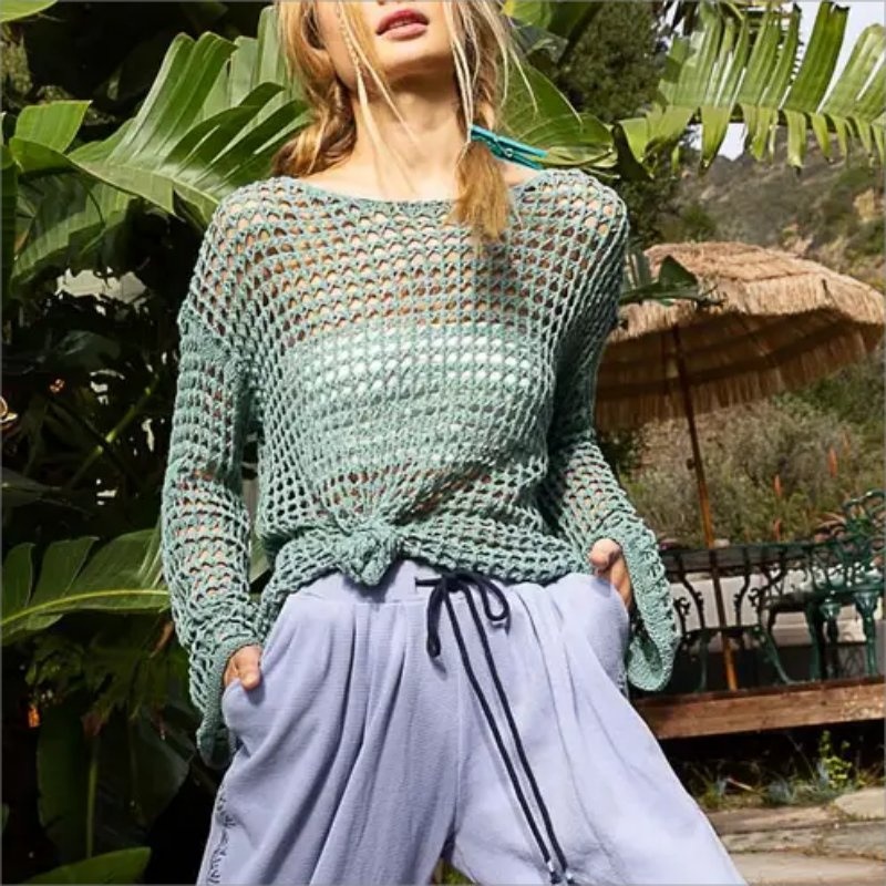 Summer Hot Knit Cover-up Round Neck Hollow Womens Pullover Solid Colour Thin Jumper Long Sleeve Knit Sweater for Women – Ladies Sweater and Striped Sweater price|S, S/M/L/Customized Size