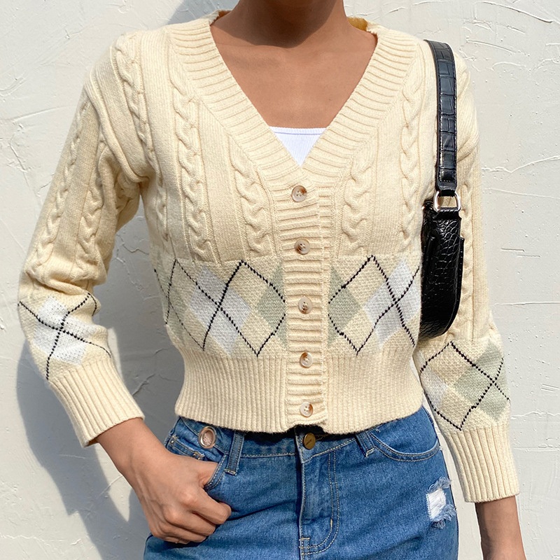 V Neck Short Casual Long Sleeve Sweater Crop Top Knit Cardigan Streetwear Womens Sweater – Women Clothes and Clothing price|S
