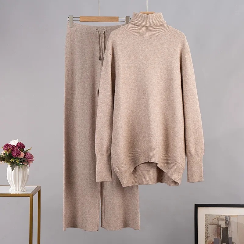 Winter High-Collar Fashion Knitted Loose High-Collar Pants Knitted Womens 2-Piece Sweater Womens Suit – Sweaters and Womens Wear price|S