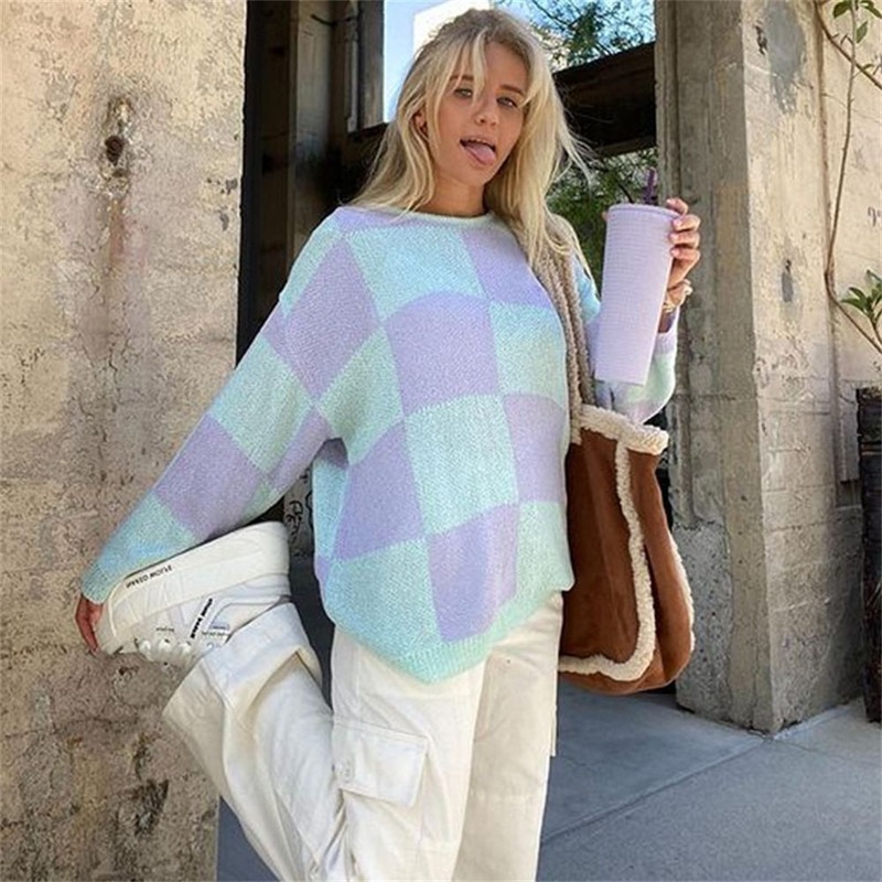 Winter Simple Fashion Crew Neck Pullover Jacquard Plaid Women Custom Knit Sweater – Knitting Sweater and Pullover Sweater price|S
