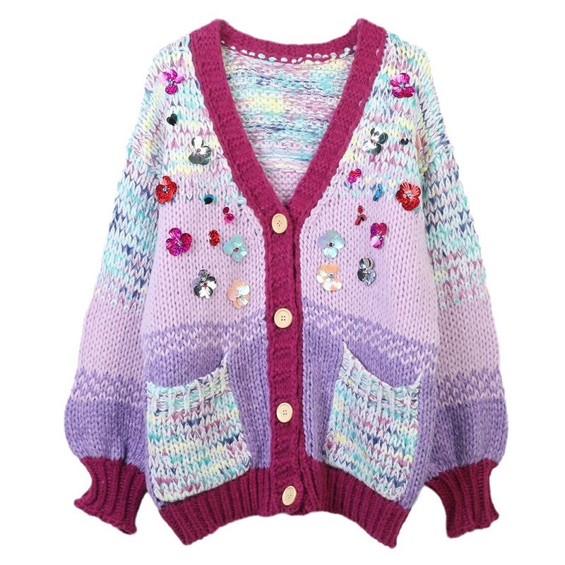 Women Fancy Yarn Sequins and Beaded Cardigan Thick Oversized Sweater for Winter – Beading Sweater and Mohair Sweater price|S