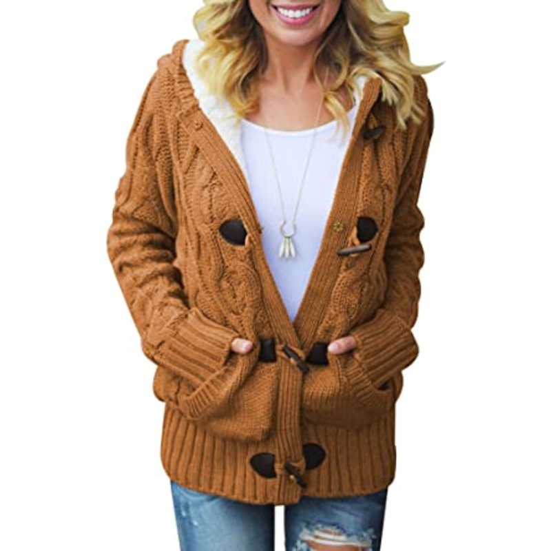 Women Hooded Knit Cardigans Button Cable Fleece Lined Thermal Cardigan with Hood Sweater Coat – Fleece Lined Sweater and Casual Hoodies price|S