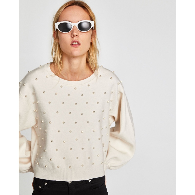 Women Round Neck Sweater with Pearl Beads and Puff Sleeves – Pullover and Sweater price|S