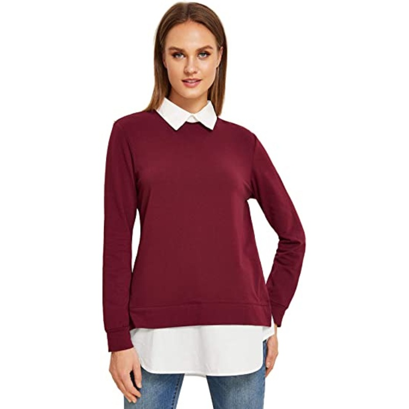 Womens Classic Contrast Collar Top, Collar Long Sleeve Curved Hem Pullover Sweatshirt – Pullover Sweatshirt and Curved Hem Pullover price|S
